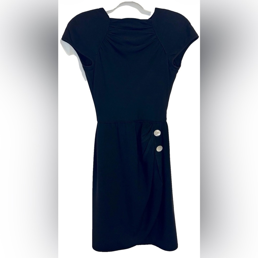 Valentino Vintage Black Dress Ruched Top Cap Sleeves Buttons Front Side Slit S
